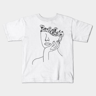 Minimalist Line Art Head and Flowers Kids T-Shirt